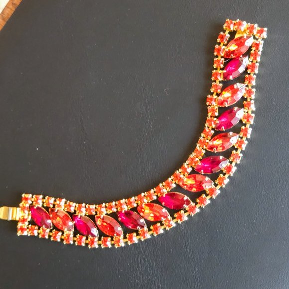 Vintage Orange & Red Rhinestone Flat Bracelet - Picture 6 of 9